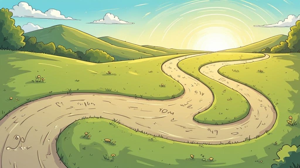 A person standing at a fork in a sunlit path, looking contemplative