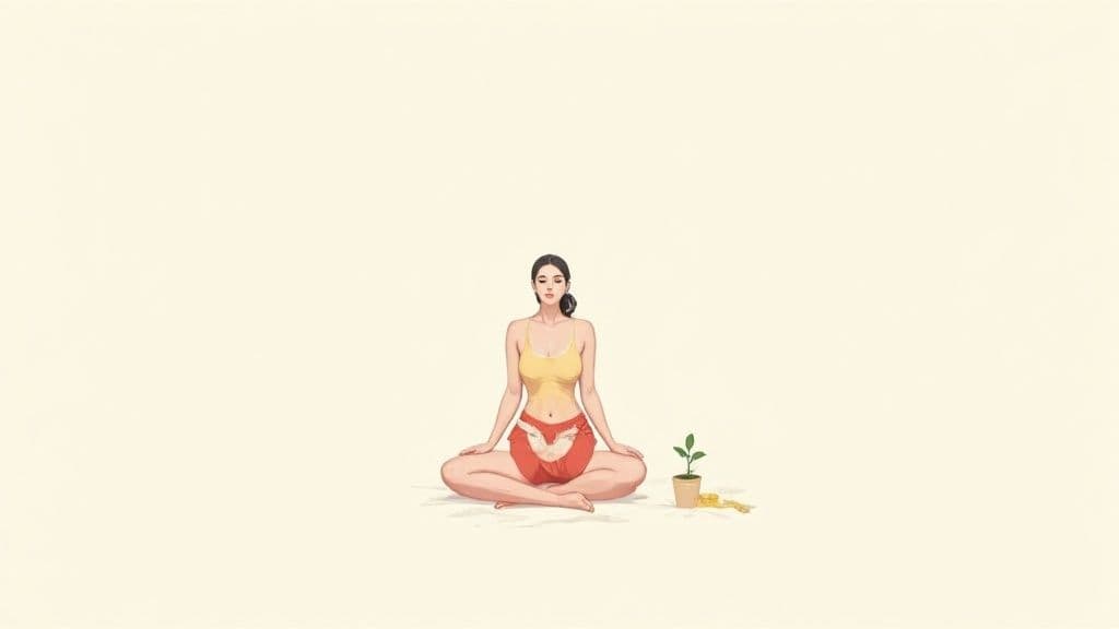 A serene woman in meditation pose, with a plant and measuring tape symbolizing growth and wellness.