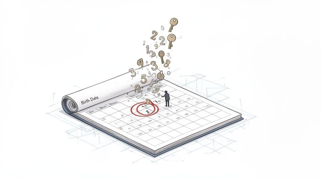 A small figure stands on a calendar labeled ‘Birth Date’, with a ‘2’ circled, as numbers and keys float upwards.