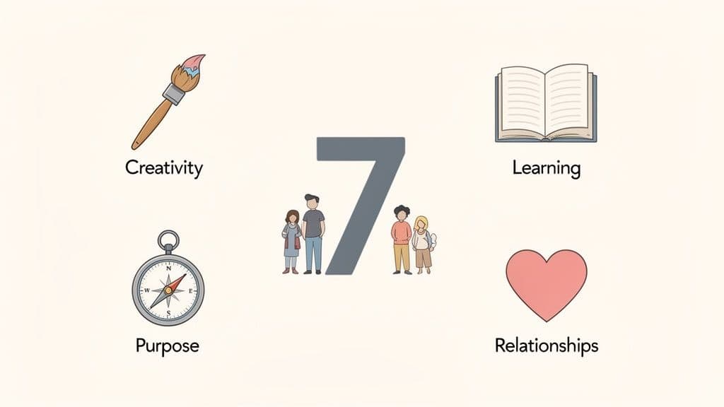 Illustration showing the number 7 surrounded by icons and text: Creativity, Learning, Purpose, Relationships.
