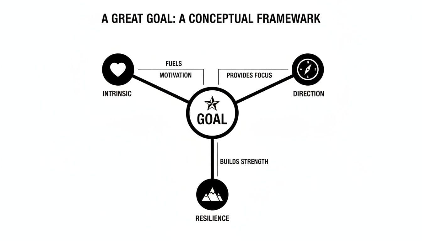 A conceptual framework diagram illustrating a great goal, fueled by intrinsic motivation, providing focus with direction, and building strength through resilience.