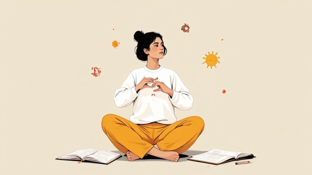 An illustration of a woman meditating with heart hands, surrounded by abstract shapes and books.