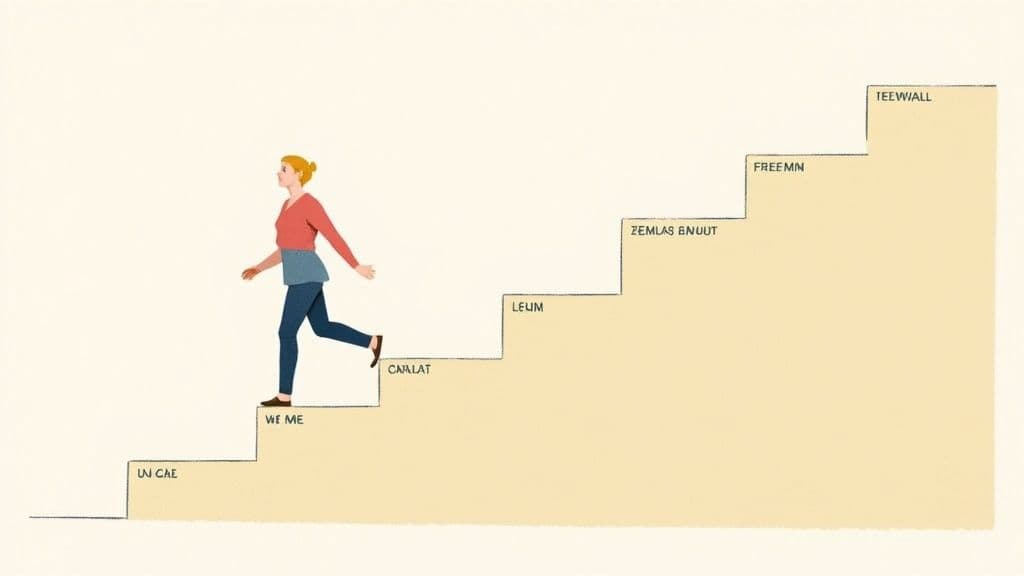 A person's hand writing down goals in a notebook on a wooden desk with a cup of coffee nearby.