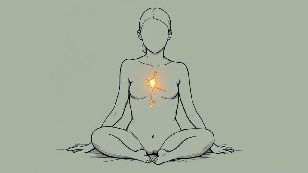 A faceless woman meditating in a cross-legged position with a glowing, cracked broken heart.