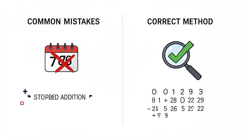 Comparison image showing common calculation errors, including a crossed-out calendar, against a detailed, correct numerical method.