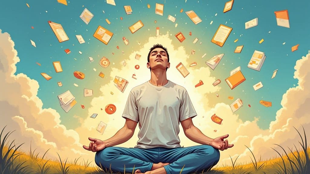 A person meditating peacefully in a busy city park, with blurred traffic in the background.