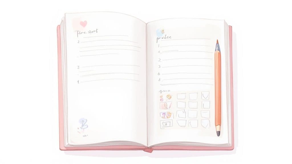 An open pink notebook with handwritten notes, a checklist, and a pencil on a white background.