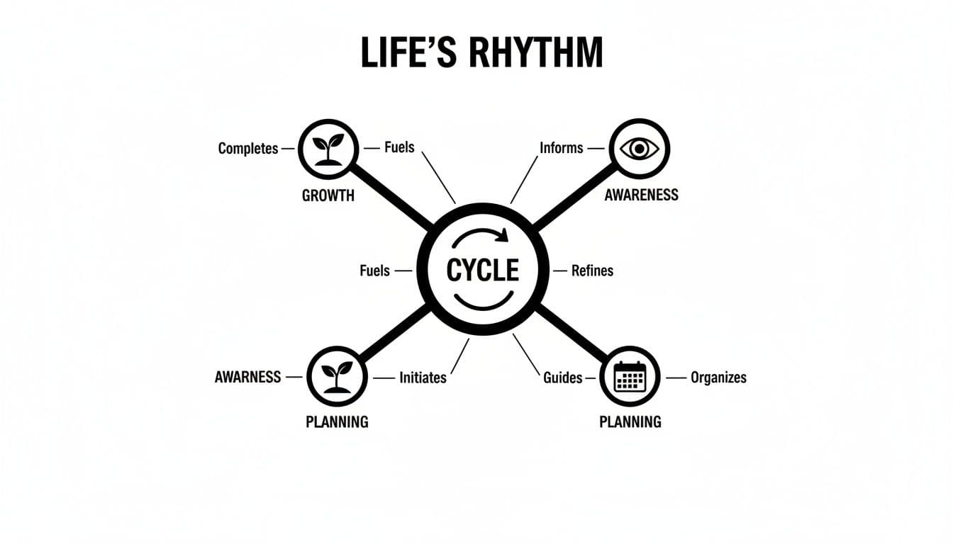 A 'LIFE'S RHYTHM' diagram showing a central cycle connected to growth, awareness, and planning phases.