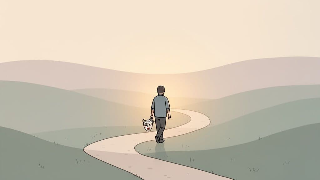 A person walks on a winding path, holding a mask, towards a bright horizon.