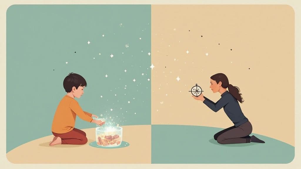 Child making wish with jar and woman holding compass symbolizing dreams and guidance