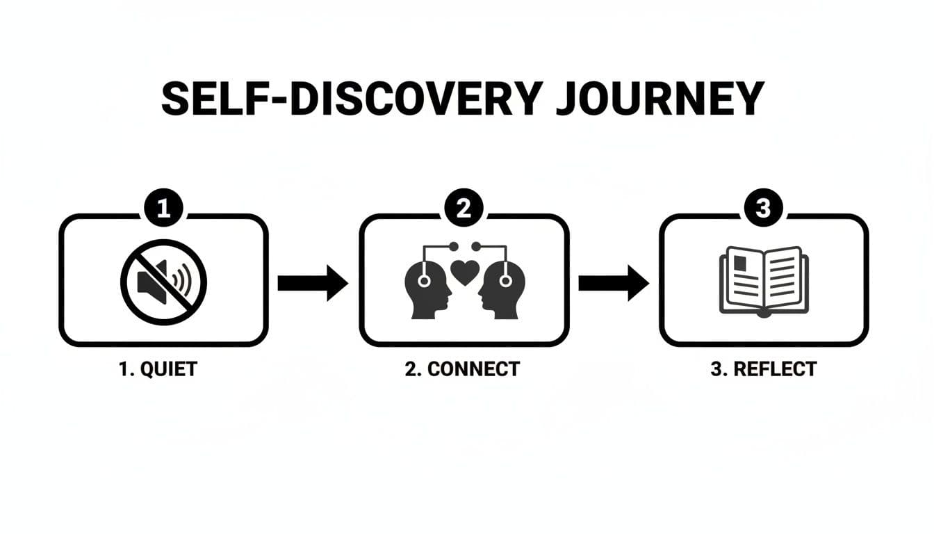 A flowchart illustrating the self-discovery journey with three steps: quiet, connect, and reflect.