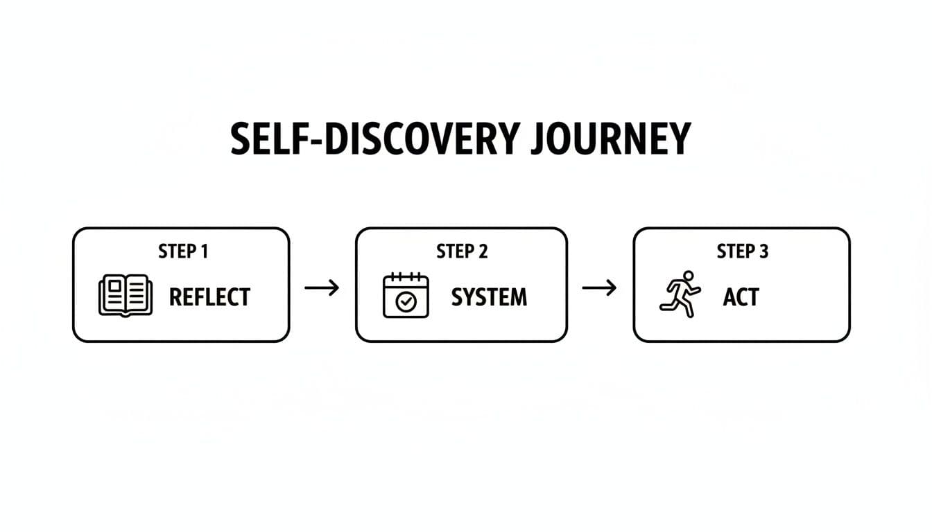 Diagram showing a self-discovery journey with three steps: Reflect, System, and Act.
