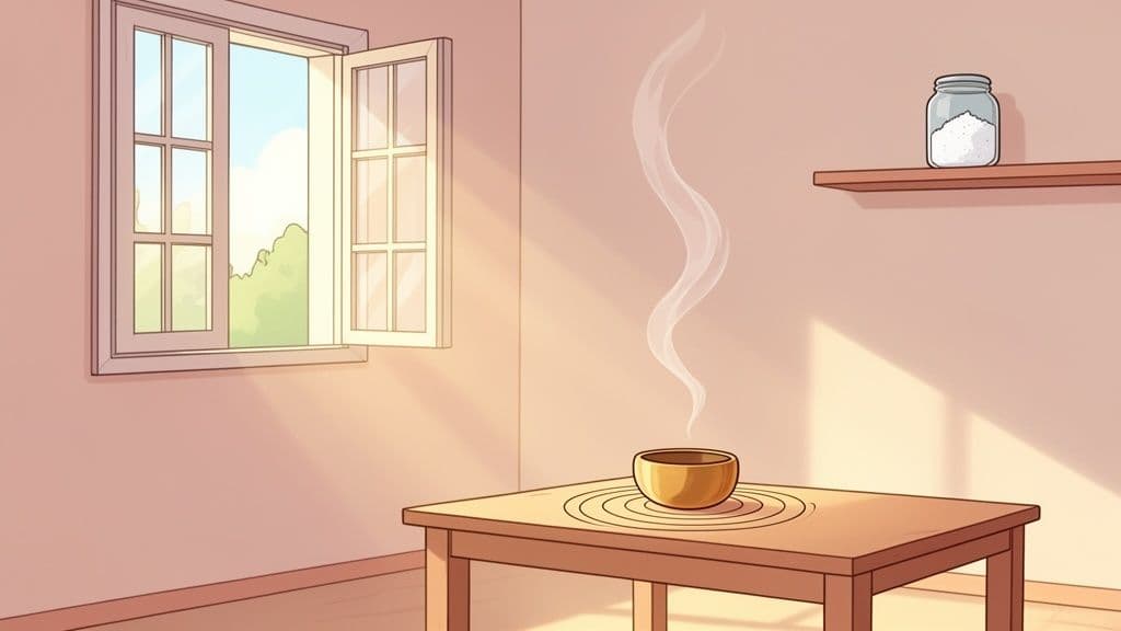 A cozy room with an open window, bright sunlight, a steaming cup on a table, and a jar on a shelf.