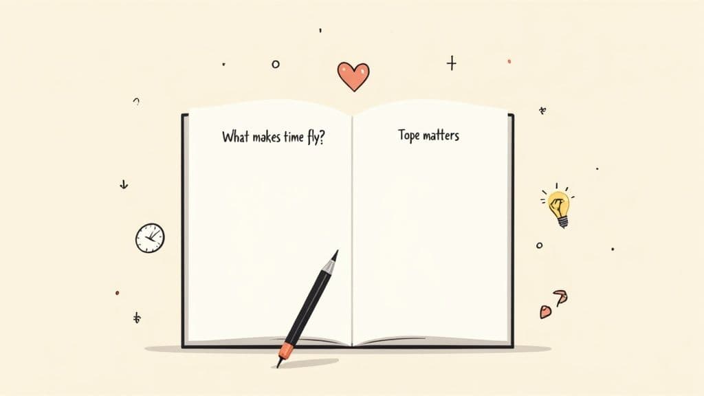 An open notebook with 'What makes time fly?' and 'Tope matters' text, a pencil, heart, clock, and lightbulb doodles.
