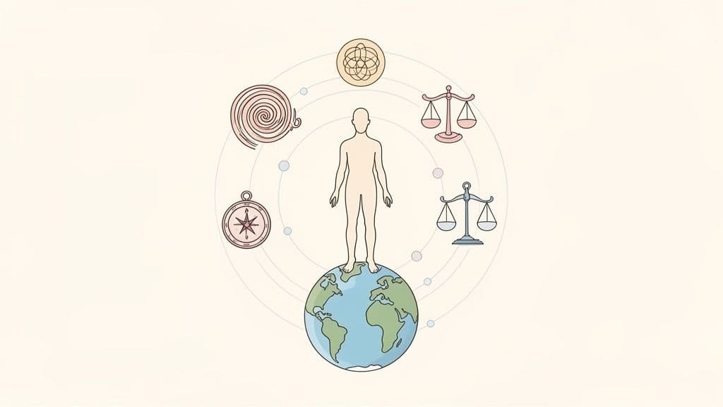 A human stands on Earth, surrounded by symbols of balance, direction, and spiritual interconnectedness.