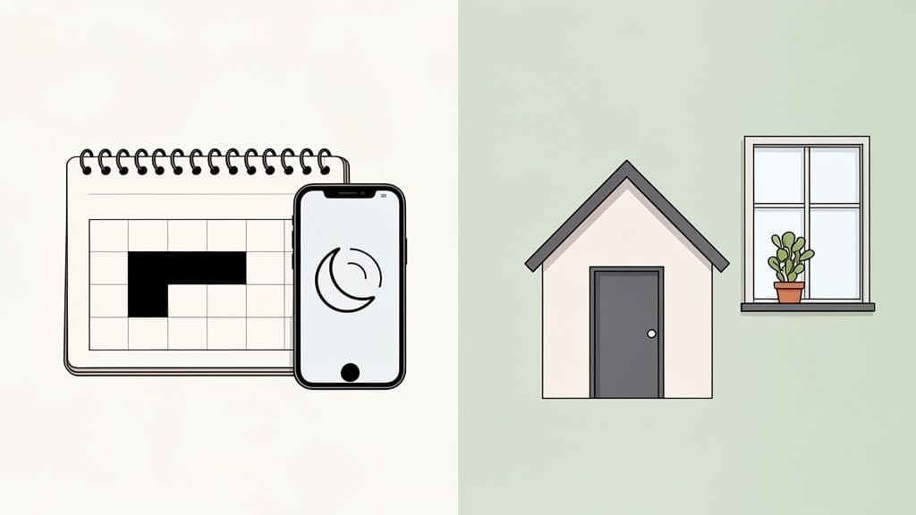 An illustration depicting a calendar and a smartphone with a sleep icon alongside a house and a window with a plant.