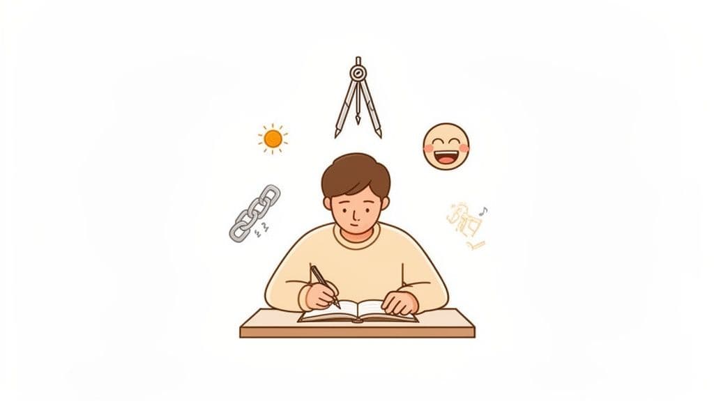 A cartoon person writes in a book at a desk, surrounded by symbols representing life's goals and ideas.
