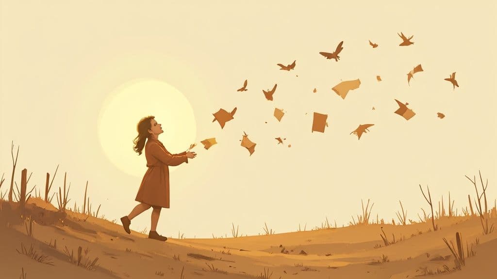 A young girl releases papers that transform into birds, flying free under a sunny sky.