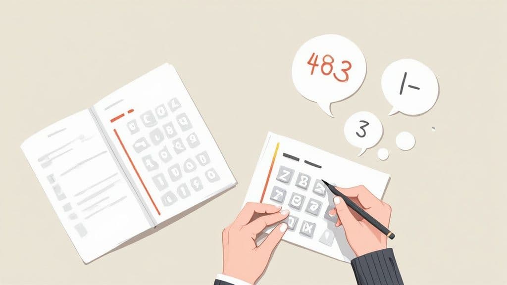 Illustration of a person calculating numbers with a pen on a grid, showing numeric thought bubbles.