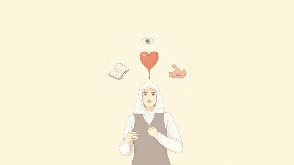 A woman in a hijab looks up at a diagram with icons representing knowledge, love, and spirituality.