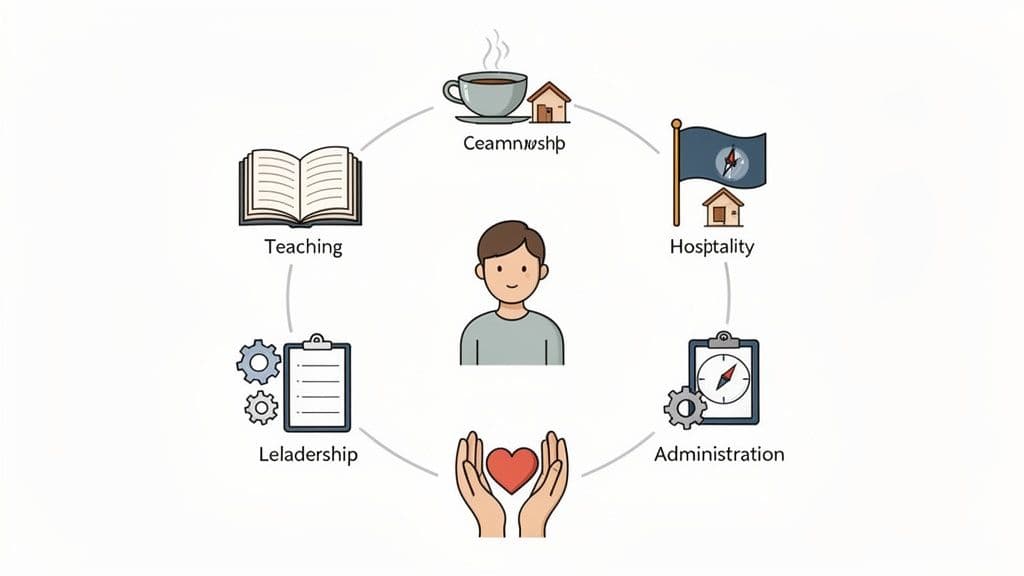 A person surrounded by six concepts: teaching, companionship, hospitality, leadership, administration, and care.