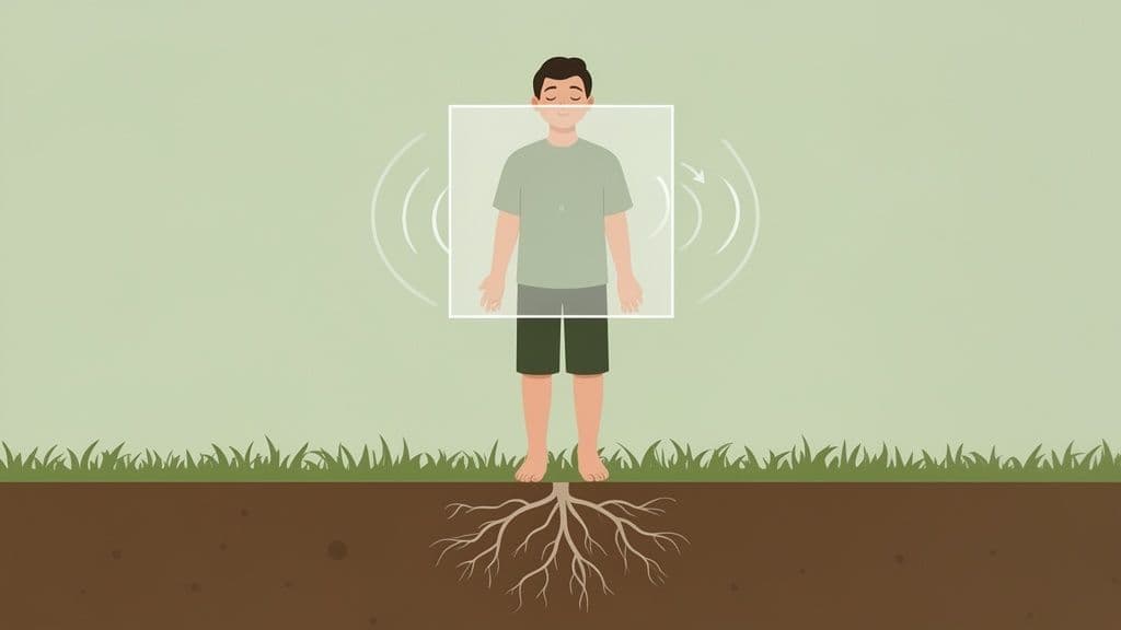 An illustration of a person meditating, with roots extending from their feet into the earth, surrounded by energy waves.
