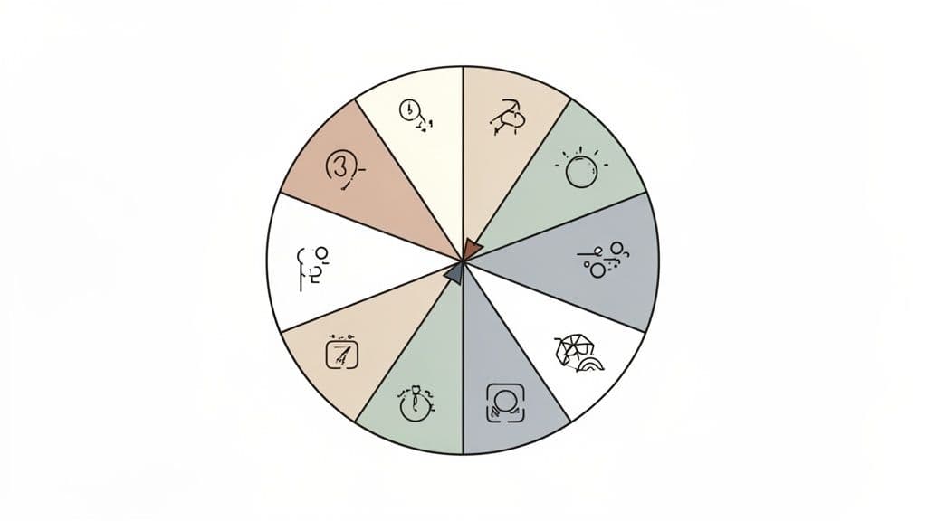 A circular diagram showing a wheel of various life activities and goals with an arrow pointer.