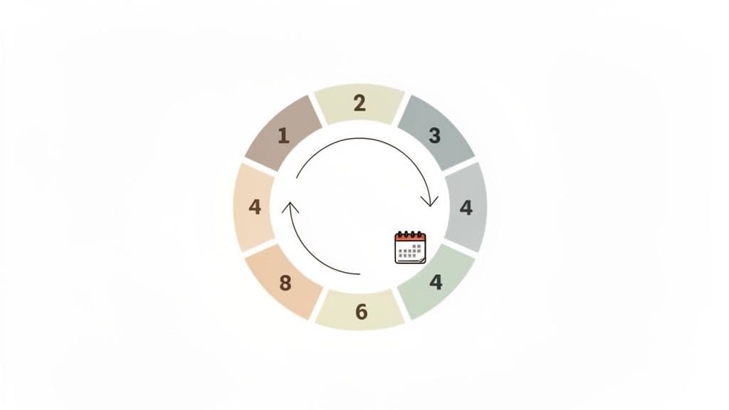 A circular diagram showing a numbered cycle with segments 1, 2, 3, 4, 6, 8, and a calendar icon.