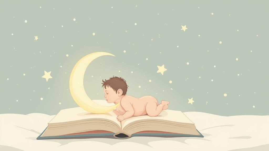 Baby sleeping peacefully on open book with crescent moon and stars in night sky