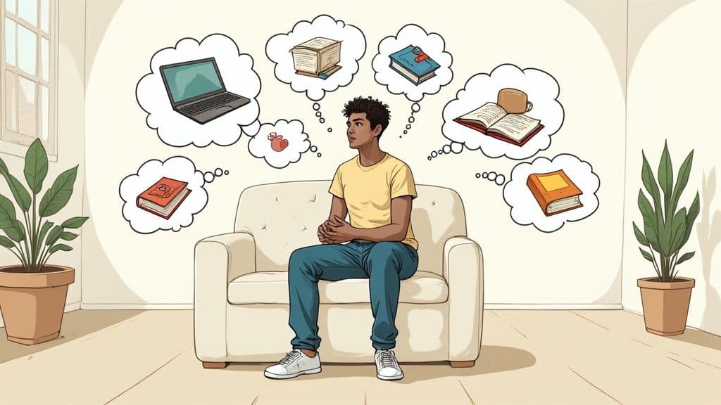 A person journaling in a notebook with a calm, focused expression, surrounded by nature.