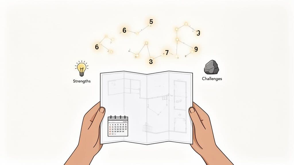 Hands hold a blueprint with a calendar, surrounded by constellation-like numbers, a lightbulb for strengths, and a rock for challenges.
