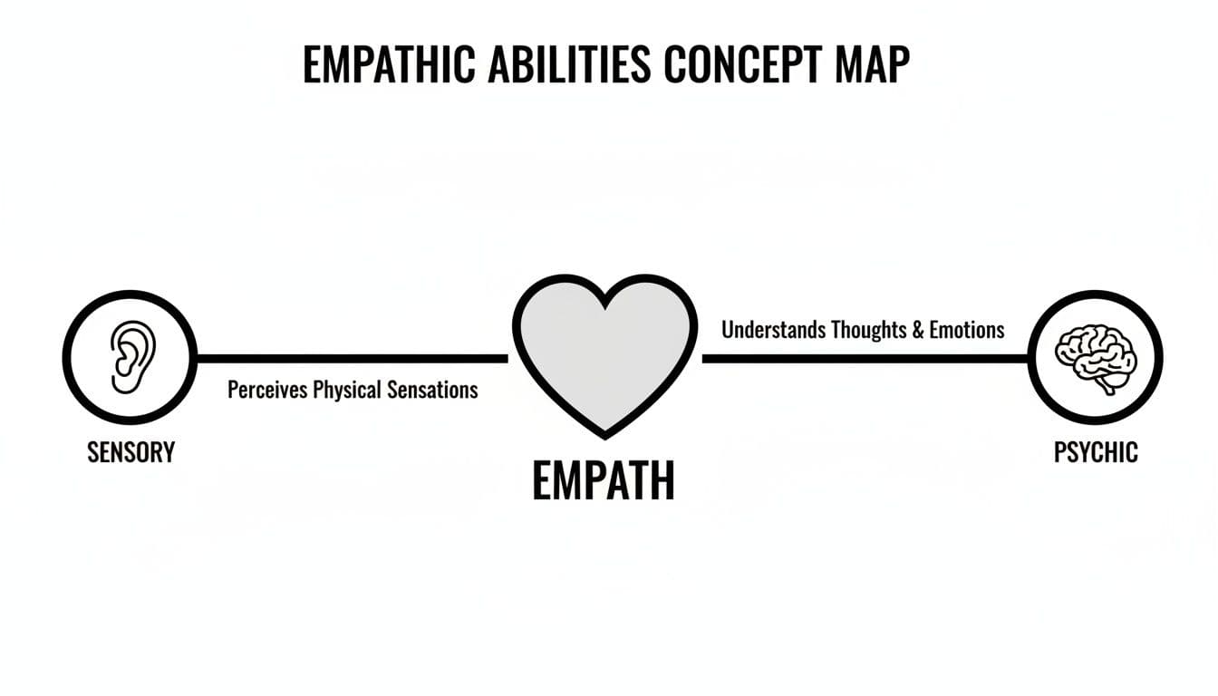 Concept map illustrating empathic abilities, connecting sensory perception to empath and psychic understanding.