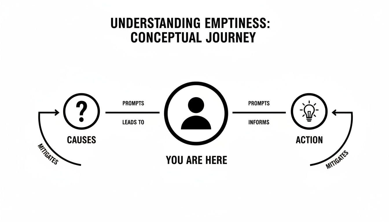 Conceptual diagram illustrating the journey of understanding emptiness, showing causes, self, and actions.