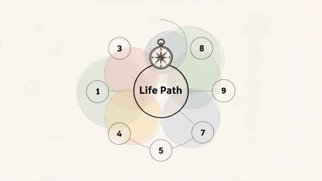 A life path diagram with a compass at the center, surrounded by interconnected numbered circles.