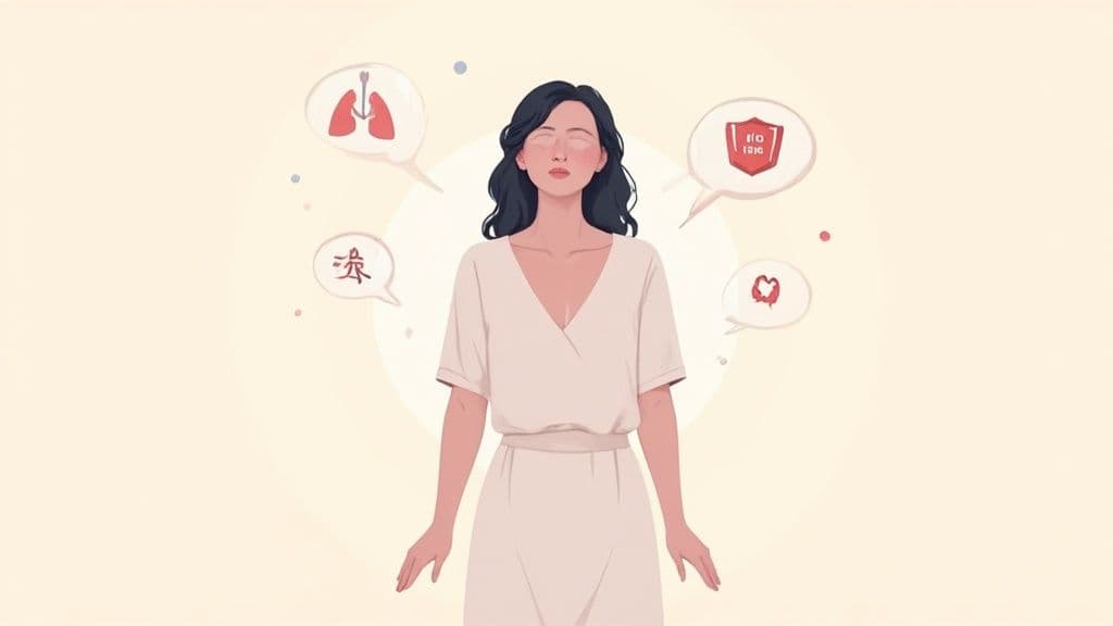 Illustration of a serene woman meditating with thought bubbles showing lungs, a heart, and other symbols.