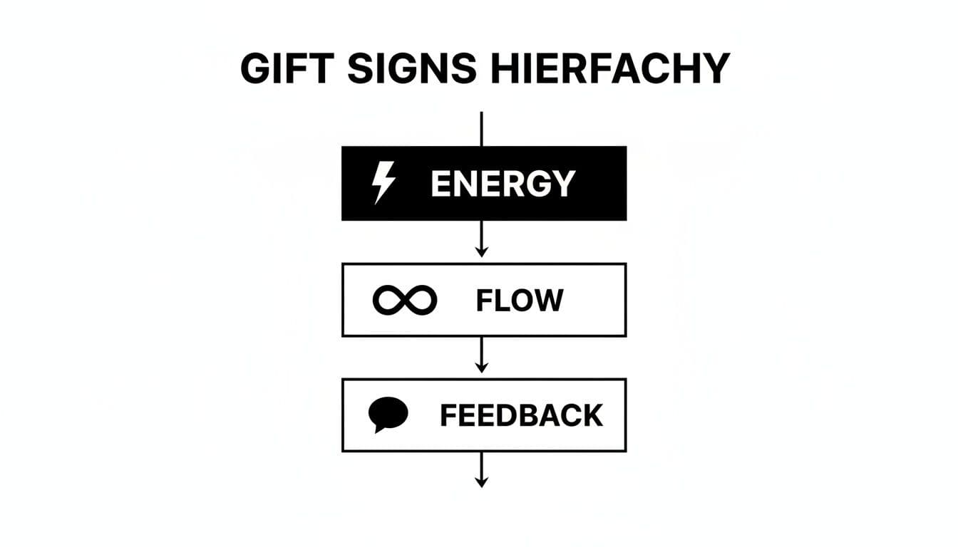 A black and white hierarchy diagram titled 'Gift Signs Hierfacy' showing Energy, Flow, and Feedback.