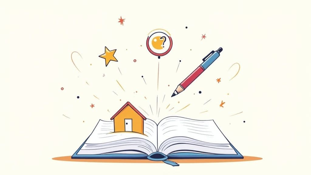 An open book with a house, a pen, a question mark icon, and a star, symbolizing ideas and future goals.