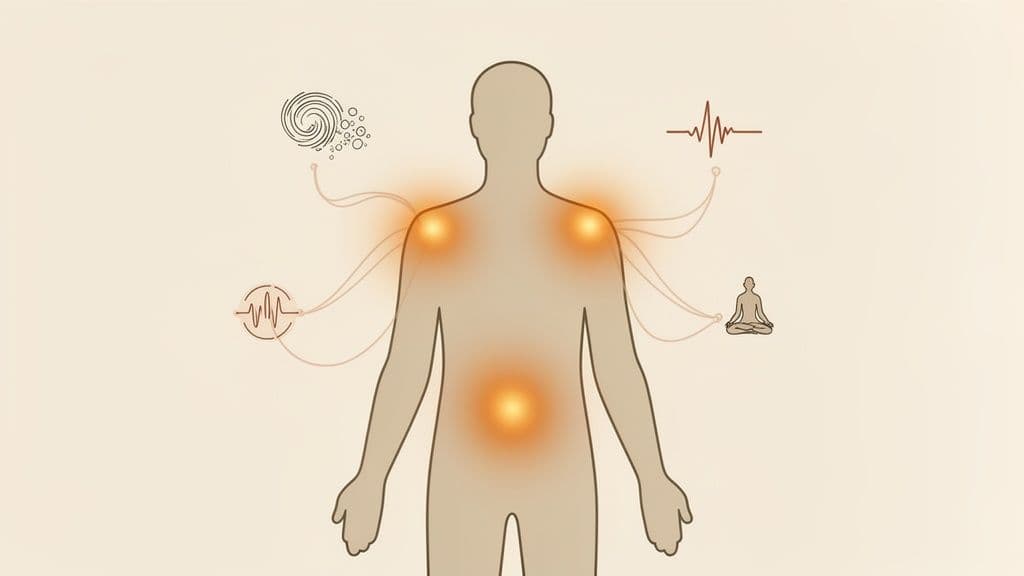 Human outline with glowing energy centers connected to symbols of mind, sound, health, and meditation.