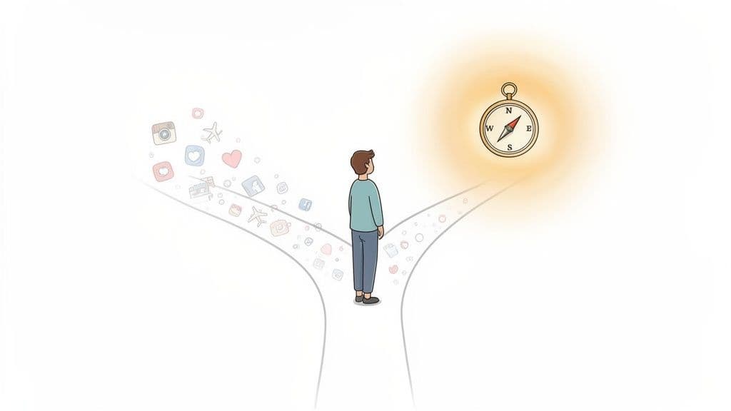 A person choosing between social media icons and a glowing compass for direction.