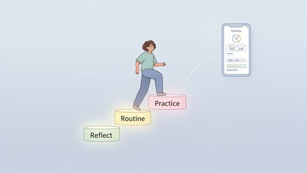 A person climbs steps labeled Reflect, Routine, Practice, symbolizing habit building, with a mobile app nearby.