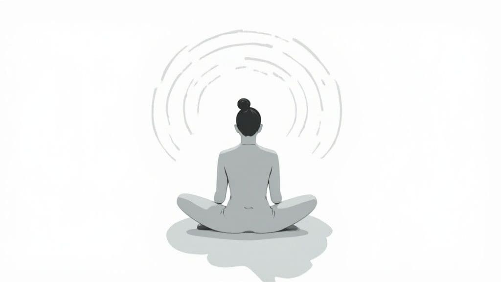 Minimalist illustration of a person meditating in a lotus position with swirling lines above their head.