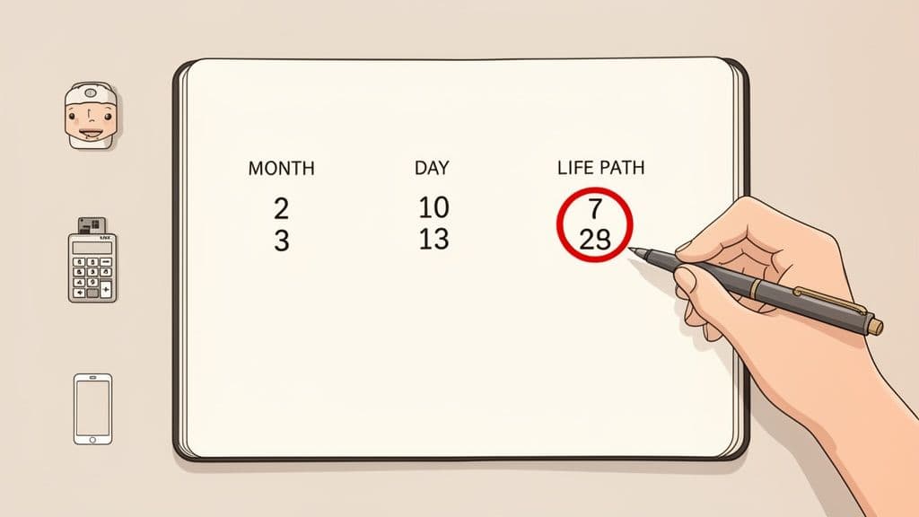 A hand calculating numerology life path numbers on a notebook, showing month, day, and circled results.