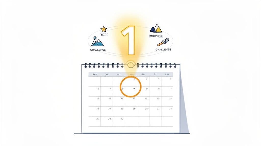 A calendar with the 9th day circled. Above it, a glowing number 1 is surrounded by goal and challenge icons.