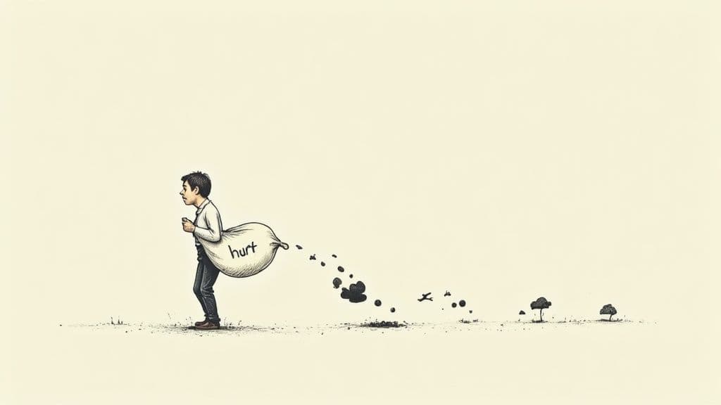 A person carries a sack labeled 'hurt' which leaks dark particles, leaving a barren trail behind.