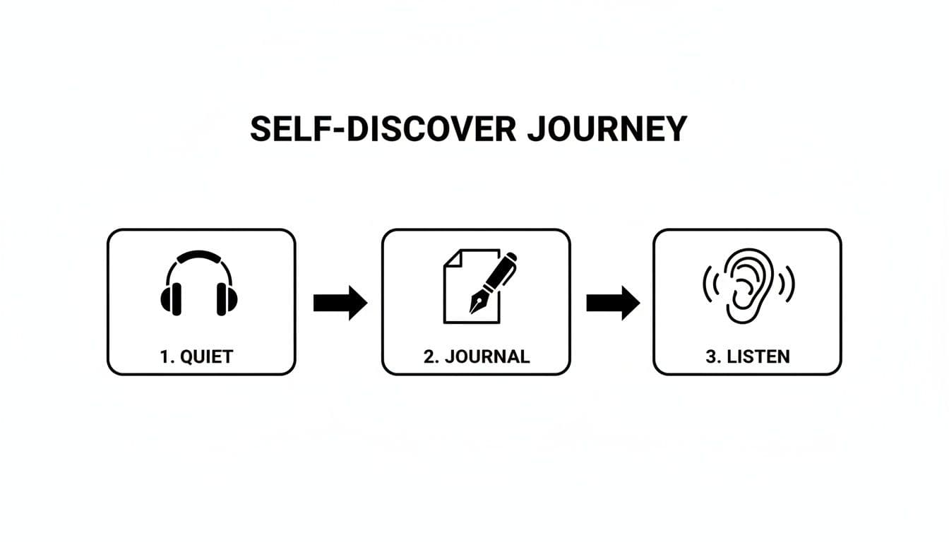 A three-step self-discovery journey flowchart: 1. Quiet (headphones), 2. Journal (notepad/pen), 3. Listen (ear).