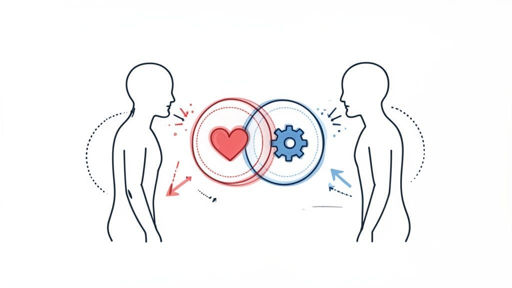 Two abstract human figures communicating, exchanging heart (emotions) and gear (logic) in dialogue.