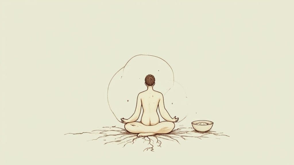 A minimalist drawing of a person meditating with roots, surrounded by ethereal energy, and a bowl.