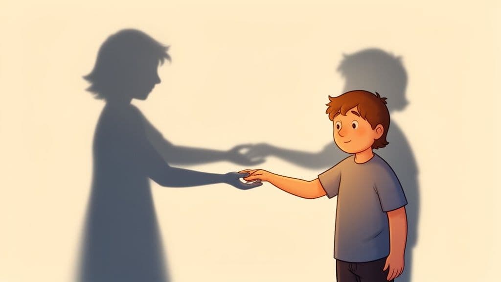 Smiling boy reaches hand towards a woman's shadow, with his own shadow mirroring the gesture.
