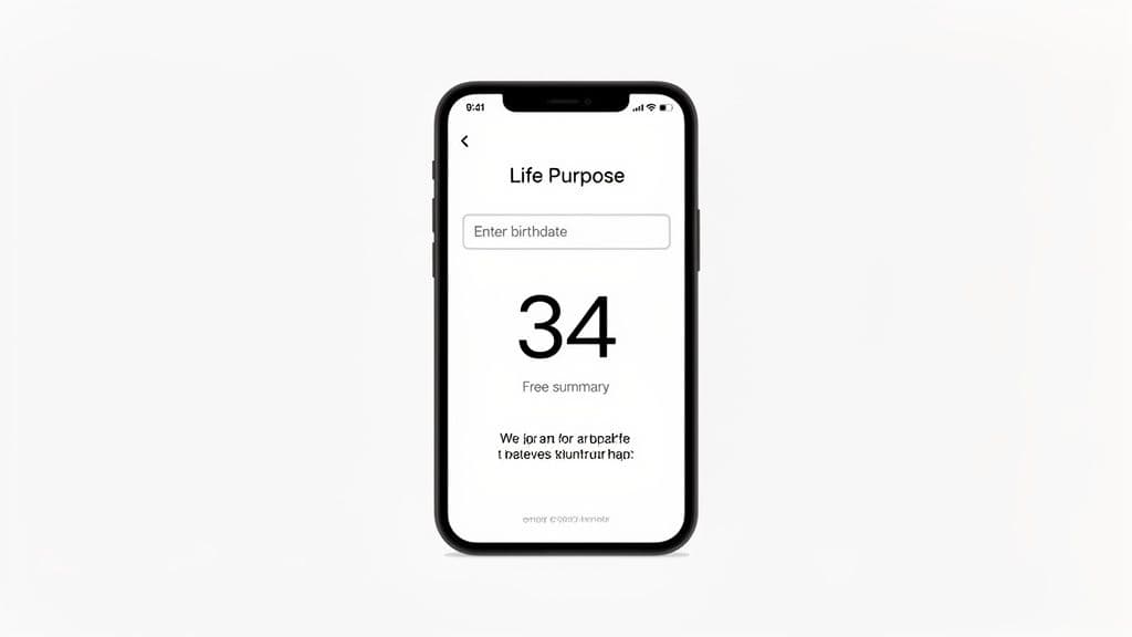 A smartphone displays a 'Life Purpose' app, featuring a birthdate input field and the large number 34.