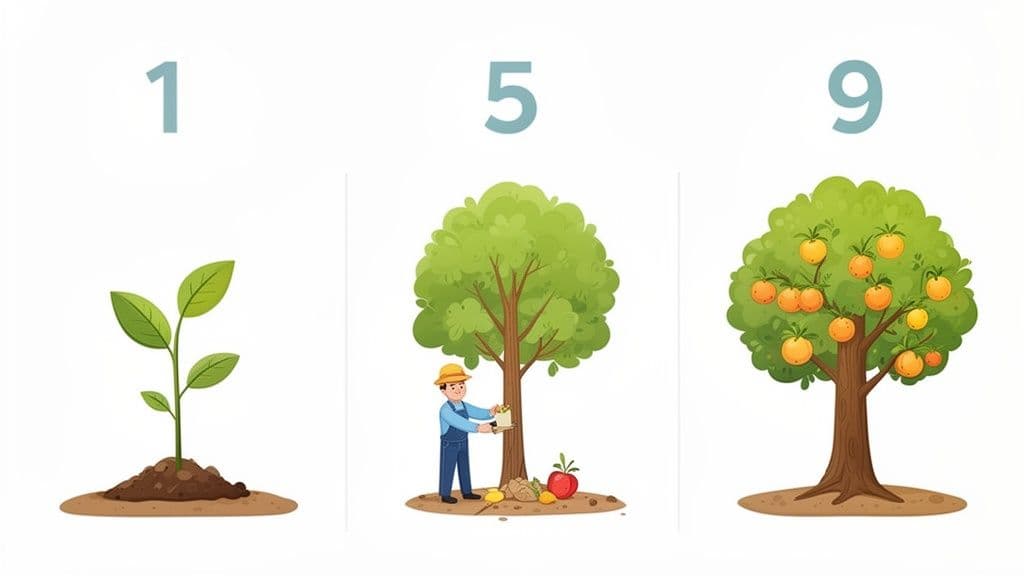 A three-panel illustration showing a plant growing from a seedling to a fruit-bearing tree.
